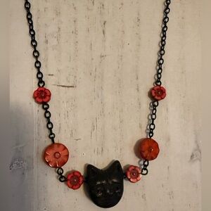 Halloween Black Cat Pendant Necklace with Orange Flower Accent Beads!